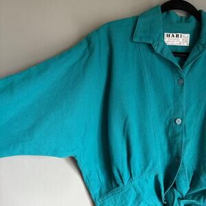 Vintage HARI Women's Med Teal 100% Cotton Front Tie Button Hippie Boho Retro Top